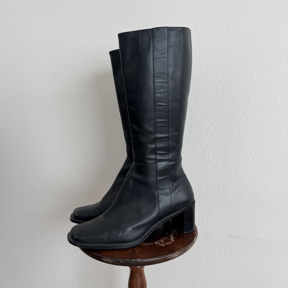 Y2K Black Leather Knee High Square Toe Block Heel Boots 10M Hillard & Hanson